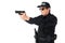 Serious policeman in sunglasses aiming gun