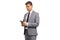 Serious professional man in a gray suit using a smartphone