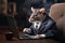 Serious rat wearing business suit, working on laptop at its desk in the office. Generative AI realistic illustration