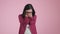 Serious sad depressed young woman in pink shirt isolated on colorful background, Close-up of angry frustrated student or