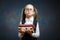 Serious Schoolgirl Wear Glasses Hold Pile of Book