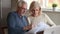 Serious senior mature couple disputing holding paper bills checking finances