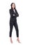 Serious skeptical business woman with crossed arms in elegant black suits looking away