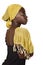 Serious South African woman with yellow scarf.