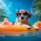 Serious stylish beagle dog in sunglasses resting on inflatable mattress in a swimming pool by the sea or river in summer holiday