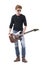 Serious stylish young rock music artist posing with wooden electric guitar looking away.