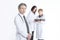 Serious therapist doctor on blurred background of colleagues