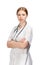 Serious woman in doctor\'s smock with stethoscope