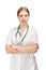 Serious woman in doctor`s smock with stethoscope