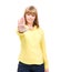 Serious woman making stop hand sign palm gesture