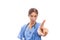 Serious woman nurse or doctor making dismissal finger gesture