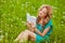 Serious woman reading book outdoors