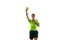 Serious woman, soccer referee gesturing, raising hand, stopping game and showing yellow card as warning against white