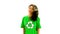 Serious woman wearing green shirt with recycling symbol on it