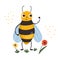 The serious yellow bee swears and protects the flowers from pests