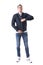 Serious young adult casual man get dressed fastening bomber jacket zipper up.