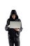 Serious young hacker with laptop, isolated