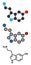 Serotonin neurotransmitter molecule. Stylized 2D renderings and conventional skeletal formula