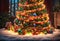 Serpentine illuminated garland on beautiful decorated Christmas tree