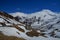 Serpentine mountain road in the snow covered Swiss alps.