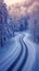 Serpentine snowy road weaves through the enchanting winter forest landscape