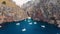 Serra De Tramuntana,Sa Calobra, Torrent De Pareis beach, aerial ,crystal clear water of mediterranean sea with moored