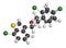 Sertaconazole antifungal drug molecule. 3D rendering. Atoms are represented as spheres with conventional color coding: hydrogen (