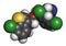 Sertaconazole antifungal drug molecule. 3D rendering. Atoms are represented as spheres with conventional color coding: hydrogen (