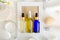 Serum oil dropper glass bottle set. Skincare hair treatment cosmetic for beauty face. Different types of oil and serum mockup on