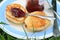 Serve pancakes with jam in a plate for breakfast