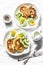 Served brunch table - potato scones and boiled eggs on a light background, top view. Delicious breakfast, snack