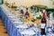 Served tables at the Banquet. Drink, alcohol, delicacies and snacks. Catering. A reception event