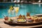 served tray in swimming pool with drinks and snacks on tropical island in Maldives, AI Generated