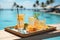 served tray in swimming pool with drinks and snacks on tropical island in Maldives, AI Generated