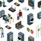 Server Hardware Seamless Pattern Background Isometric View. Vector