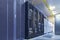Server internet datacenter room with rows of modern mainframes. Server control center for internet provider. Network and