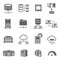 Server and local network bold black silhouette icons set isolated on white. Cloud storage, hosting.