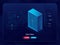 Server room isometric icon, data transferring process, outline background, datacenter and database, future technology