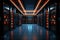 Server room, multiple server rack hall in a darkly lit office