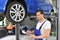 Service and inspection of a car in a workshop - mechanic inspect