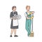 Service personnel maid woman and janitor man in professional uniform. Vector illustration in line art style isolated on