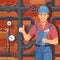 Service for Repair and installation. Water fittings. Pipeline for various purposes. Worker in uniform. Illustration