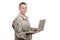 Serviceman holds a laptop computer