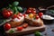 serving of brushetta with juicy cherry tomatoes, fragrant basil and creamy burrata cheese