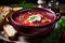 A serving of customary Ukrainian borscht is displayed in a bowl, reflecting Ukraine\\\'s culinary heritage. Generative AI