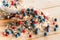 Serving muesli with scattering of wild berries on wooden table