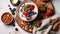 Serving option of granola bowl with mix of nuts, cereals, fruits and berries, greek yogurt. Healthy vegetarian breakfast, organic