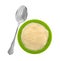 Serving of tapioca pudding in a green bowl with spoon