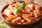 Serving of Tortiglioni pasta with parmesan basil in tomato sauce close-up in a plate. horizontal