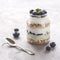 Serving of Yogurt with Whole Fresh Blueberries Oatmeal and Matcha Powder Healthy Diet Food Breakfast Square Toned